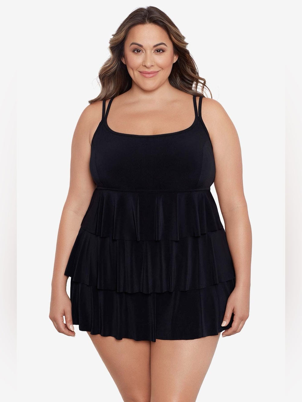 Longitude Long Torso Triple Tier Swim Dress - Night Gala Black